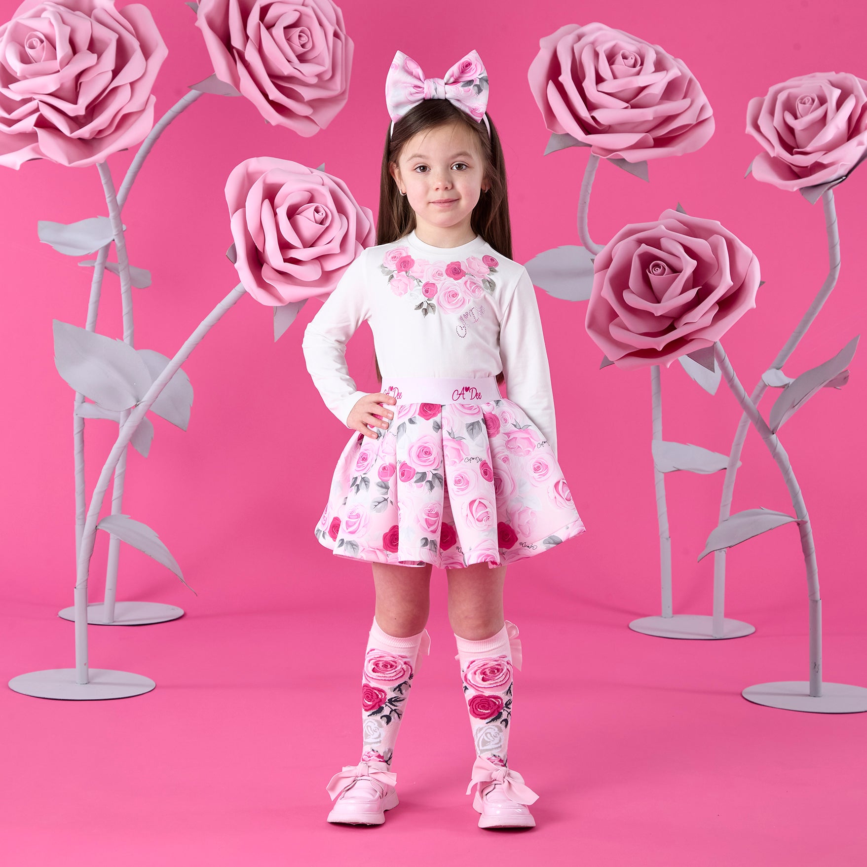 ADee Girls ARIELLA White Rose Print Skirt Set