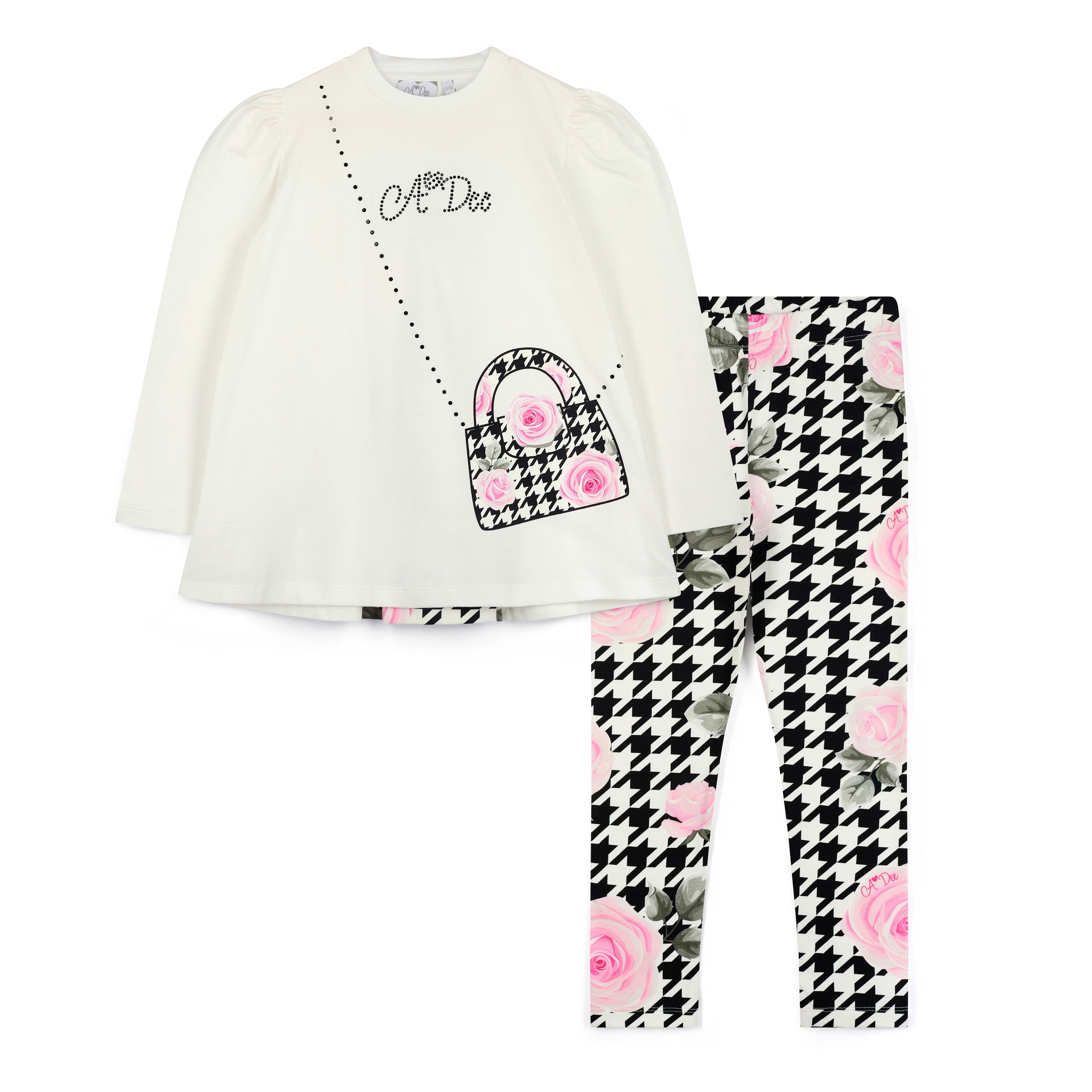 ADee Girls ARABELLA White Houndstooth Print Leggings Set
