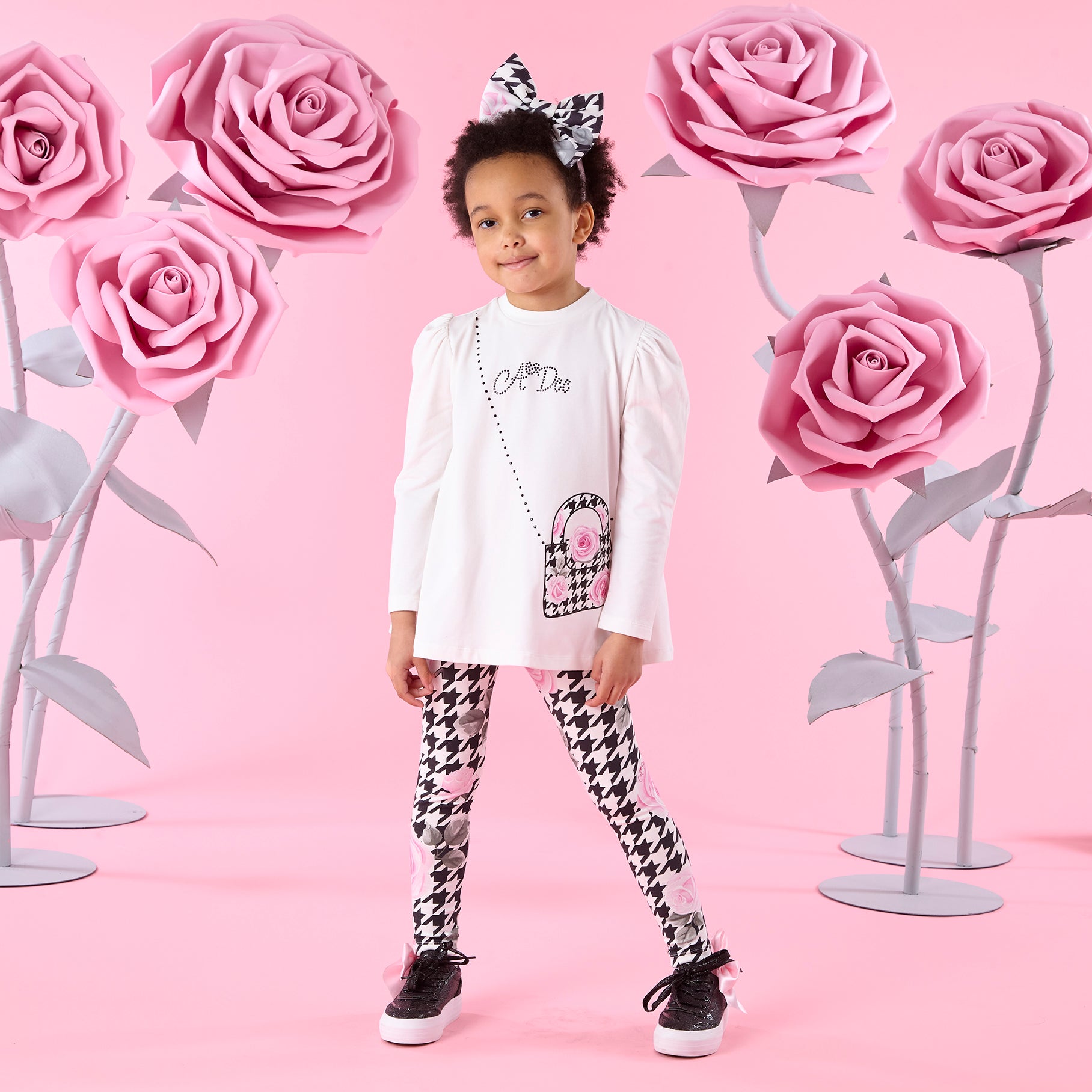ADee Girls ARABELLA White Houndstooth Print Leggings Set