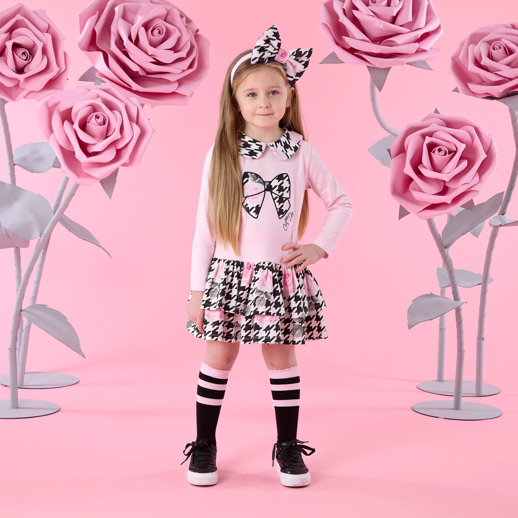 ADee Girls ADRIANA Pink Houndstooth Print Dress