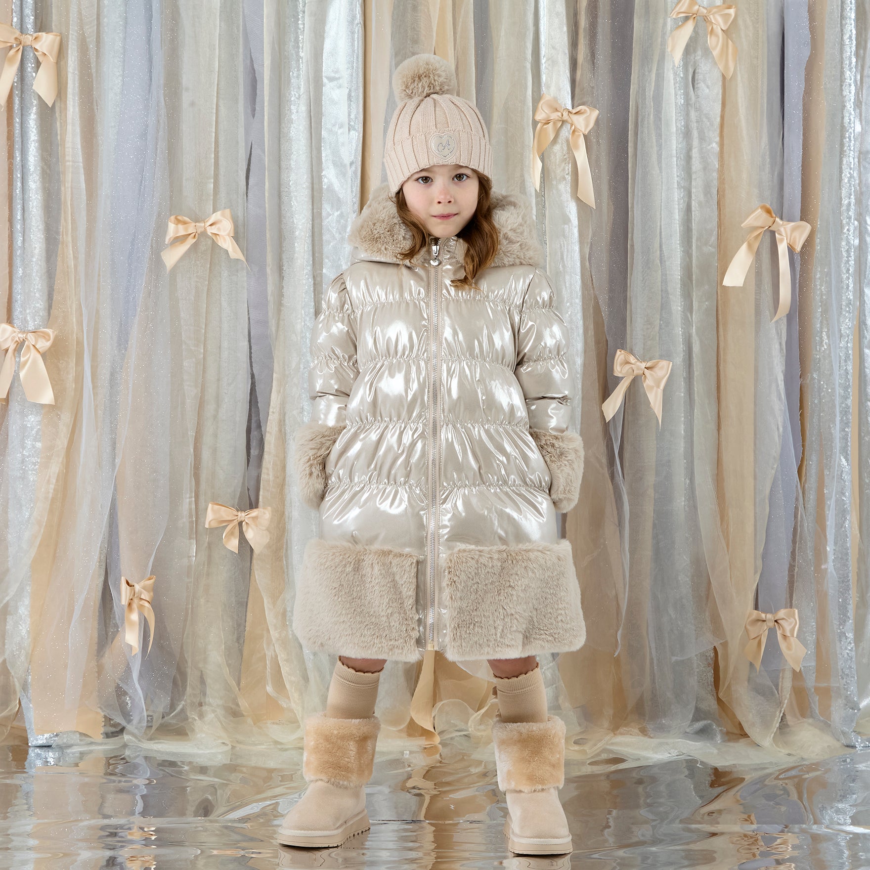 ADee Girls AURORA Beige Faux Fur Coat