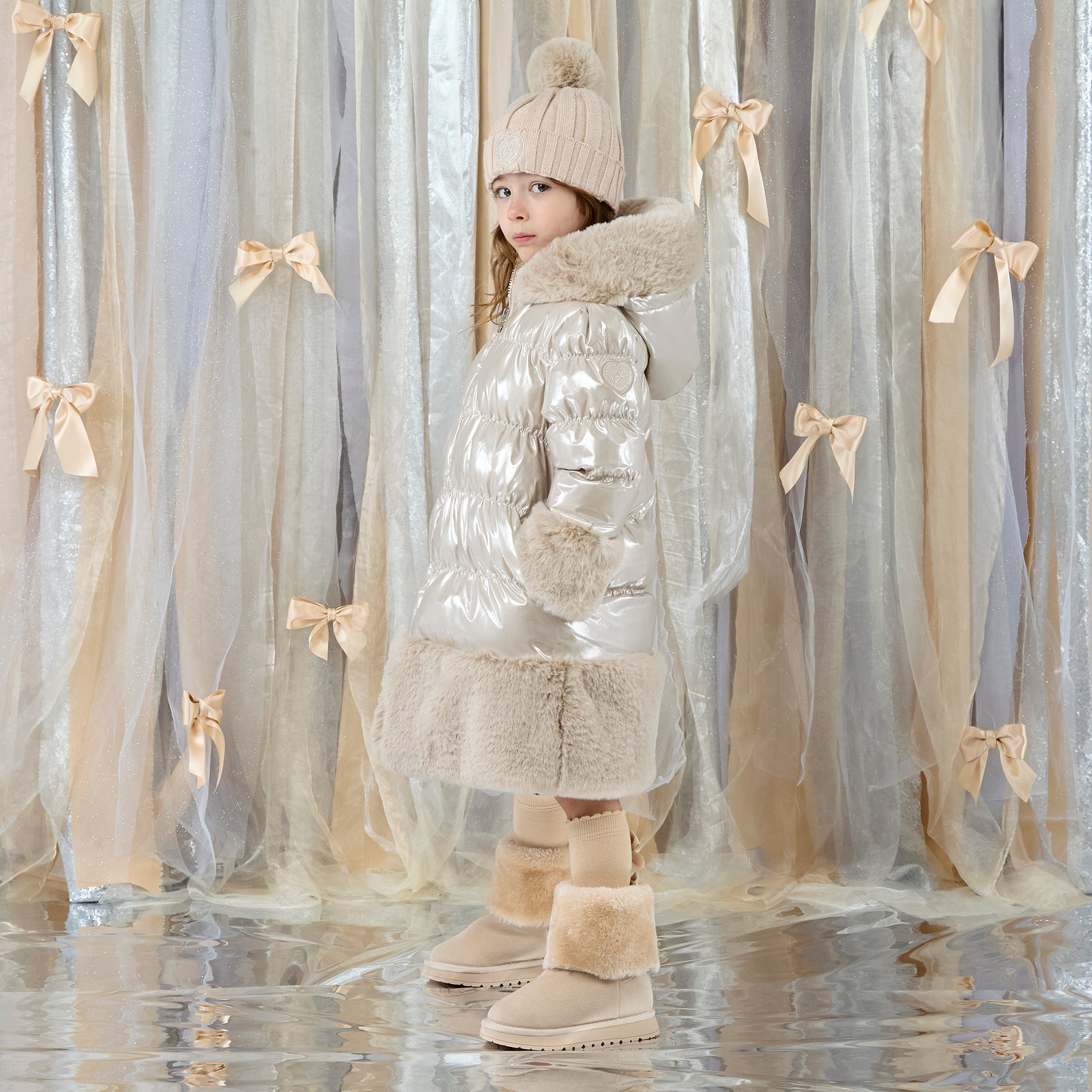 ADee Girls AURORA Beige Faux Fur Coat