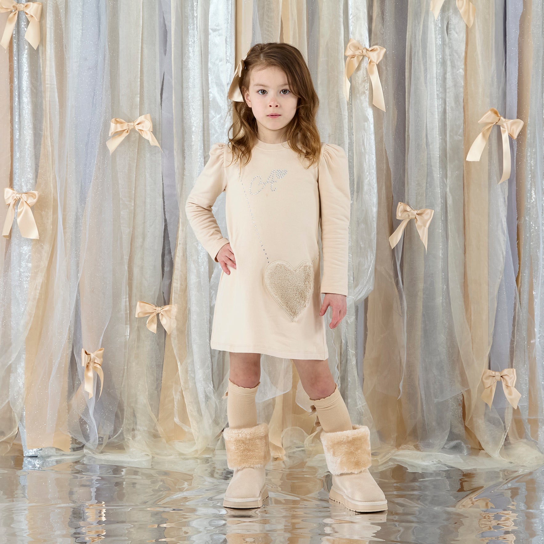 ADee Girls ALYSSA Beige Faux Fur Handbag Dress