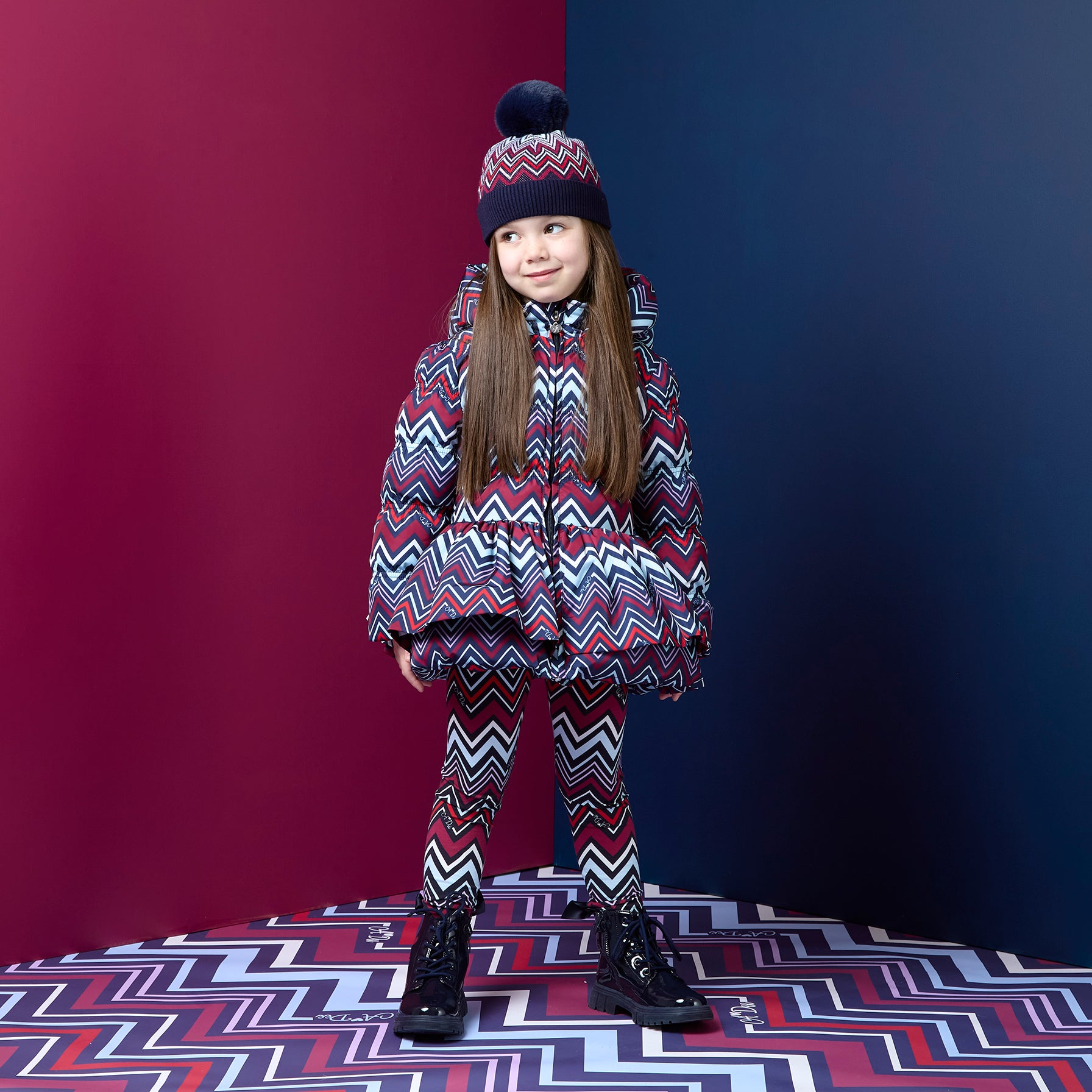 ADee Girls AVA Navy Chevron Print Coat