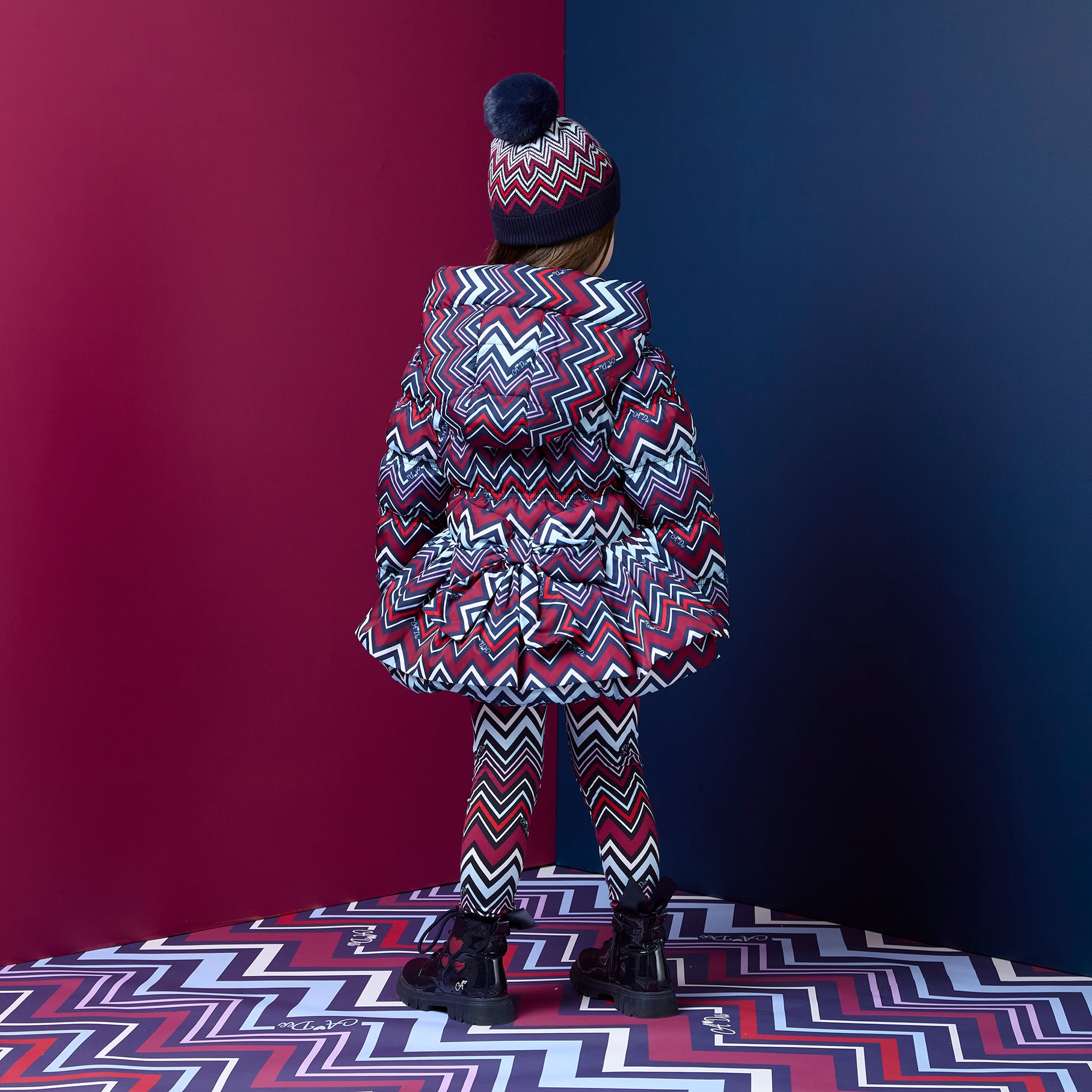 ADee Girls AVA Navy Chevron Print Coat