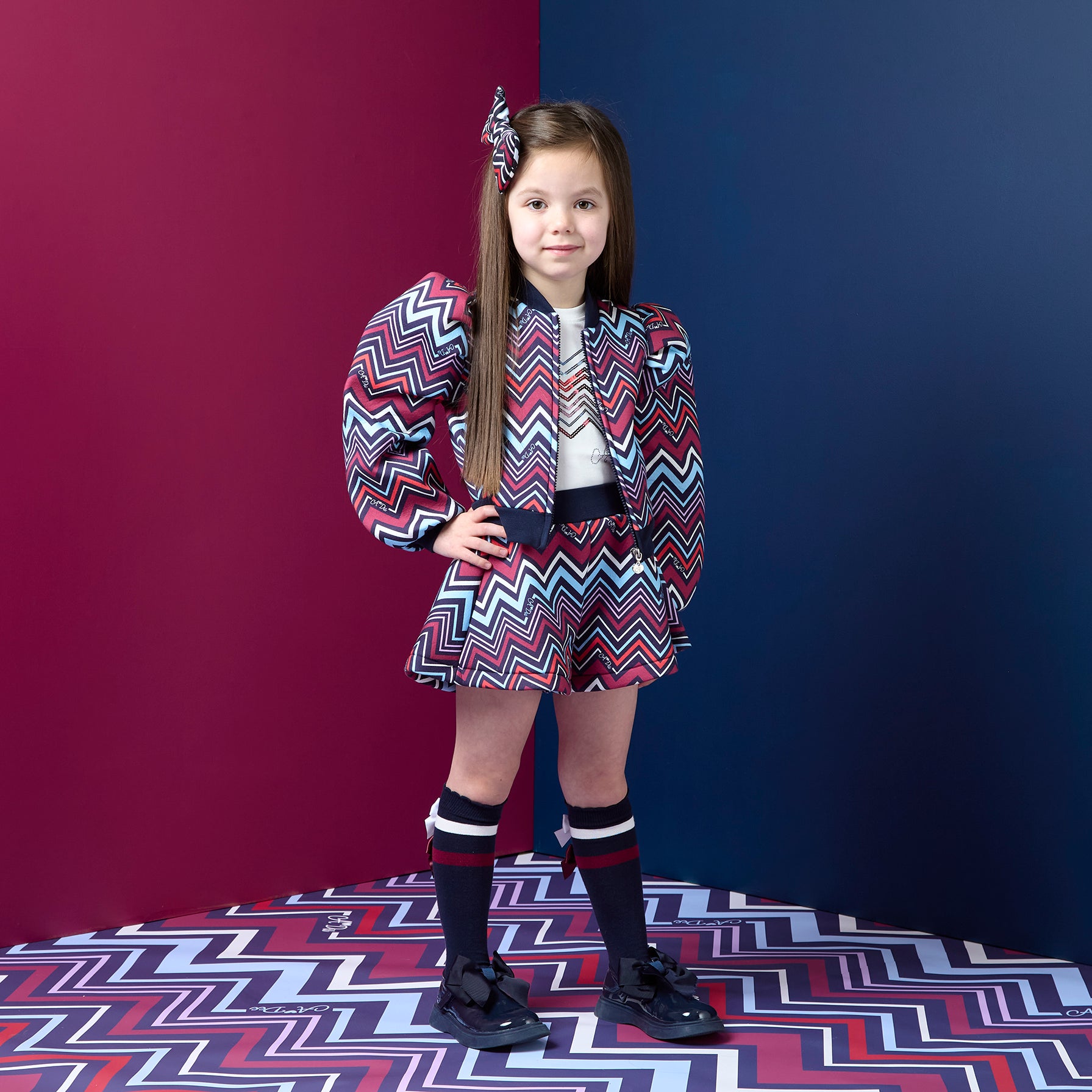 ADee Girls CHARLEY Navy Chevron Print Bomber Jacket
