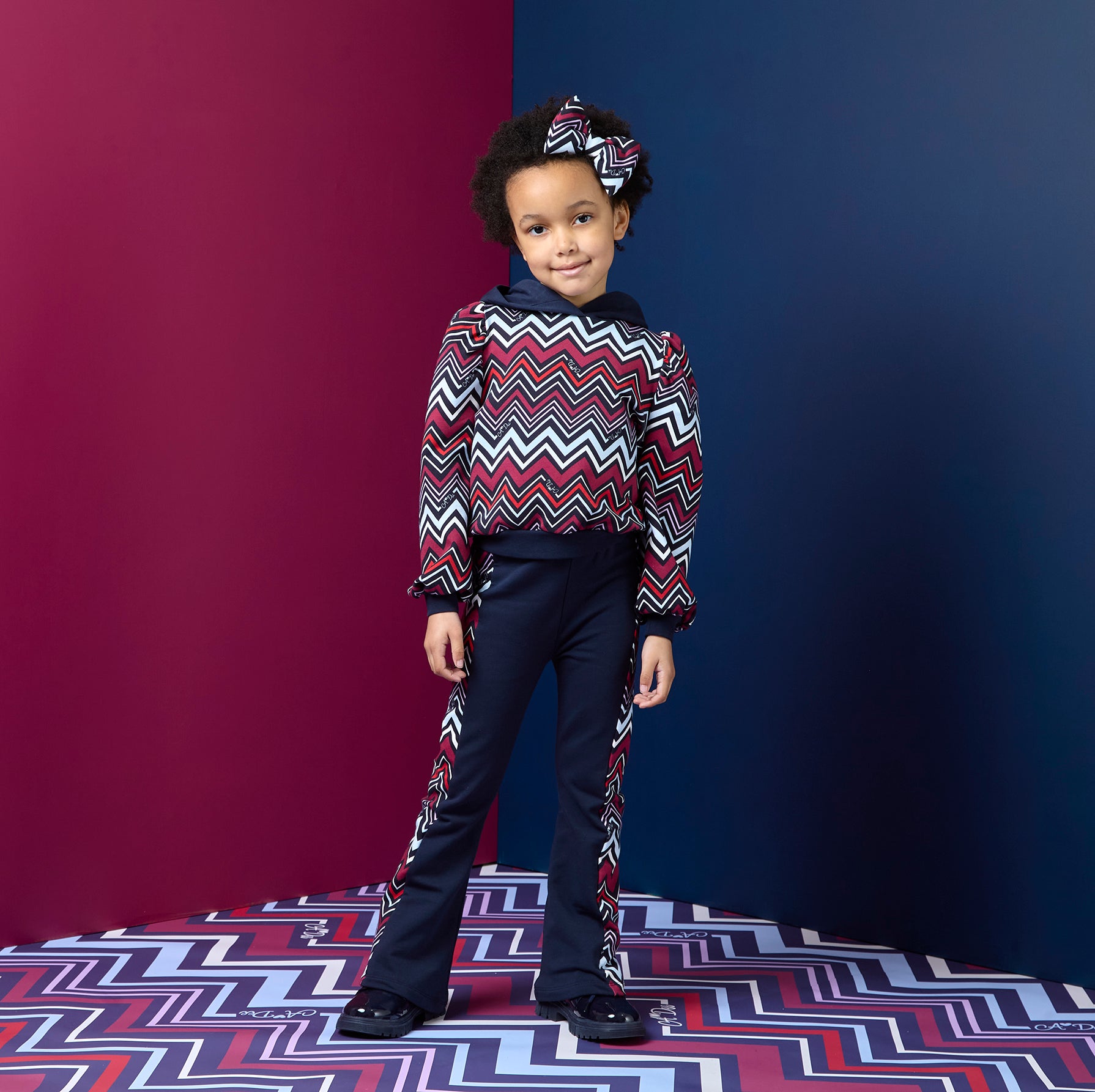 ADee Girls COCO Navy Chevron Print Flared Tracksuit