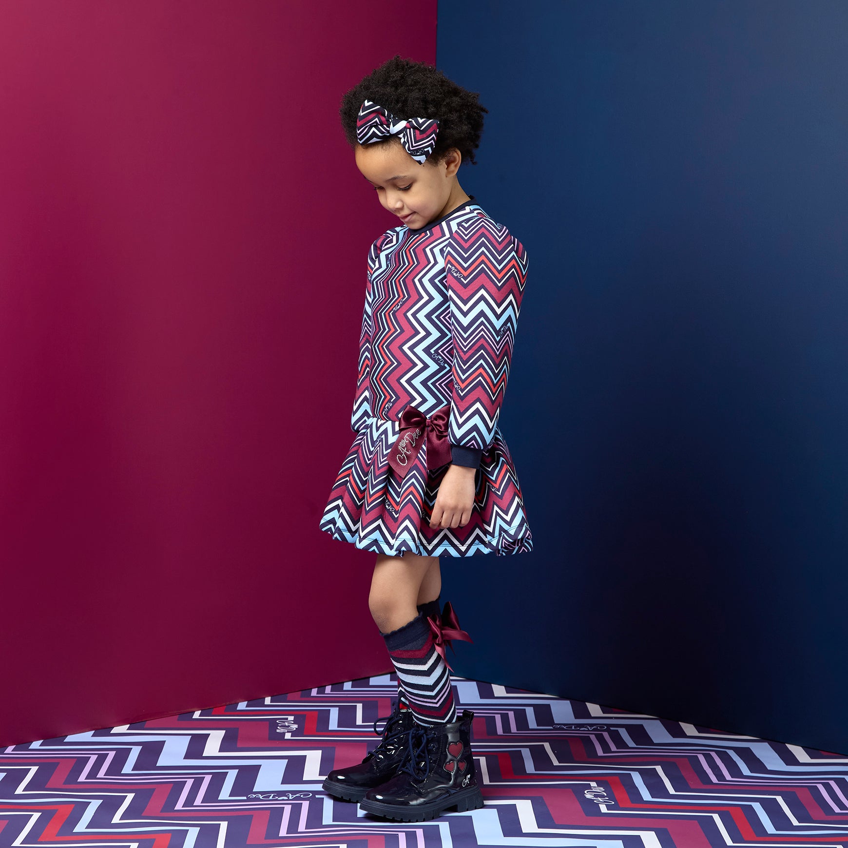 ADee Girls CORA Navy Chevron Print Dress