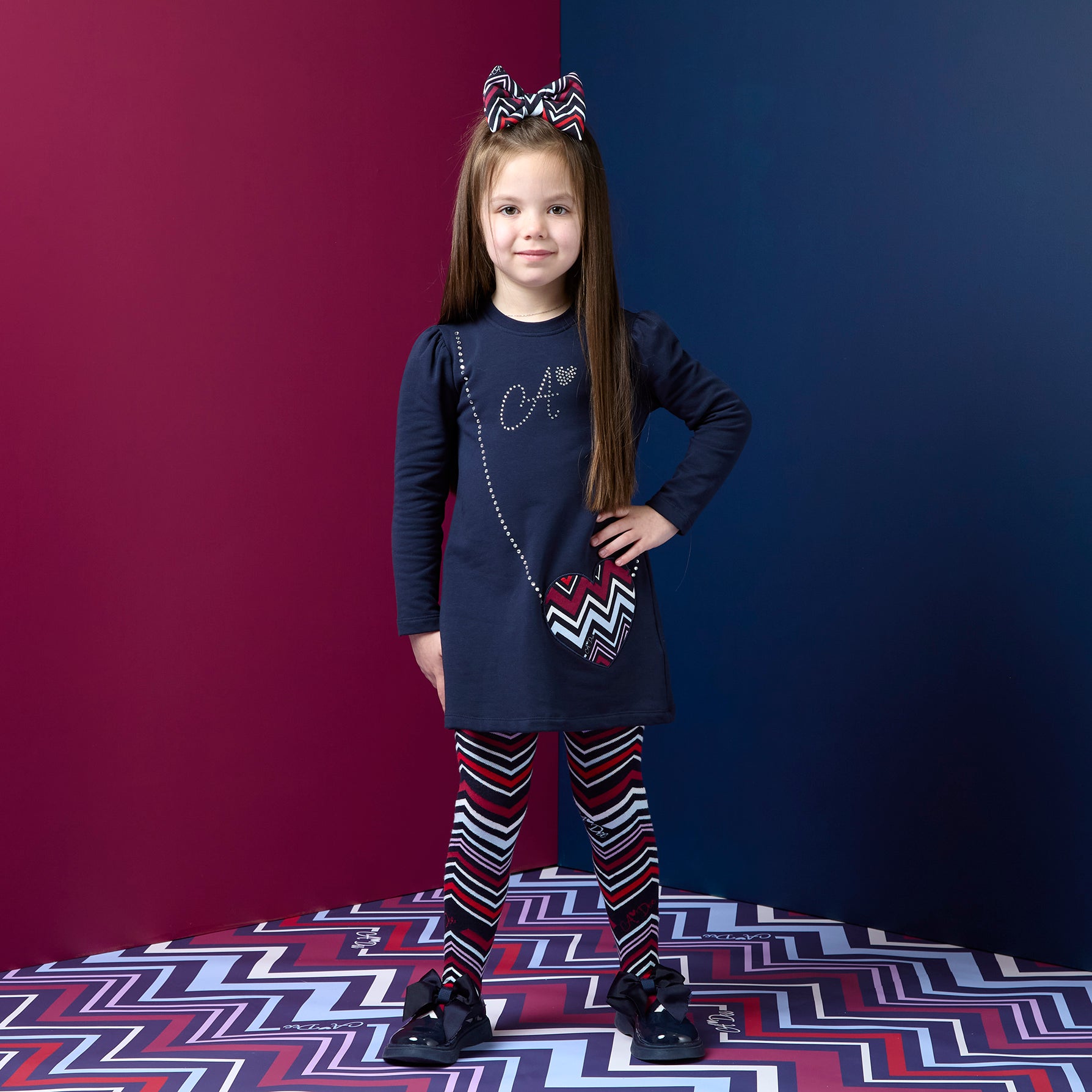 ADee Girls ALYSSA Navy Chevron Print Handbag Dress