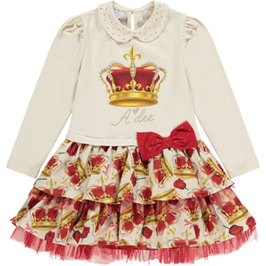 AW23 ADee CLARA Red White & Gold Crown Print Bow Frill Dress