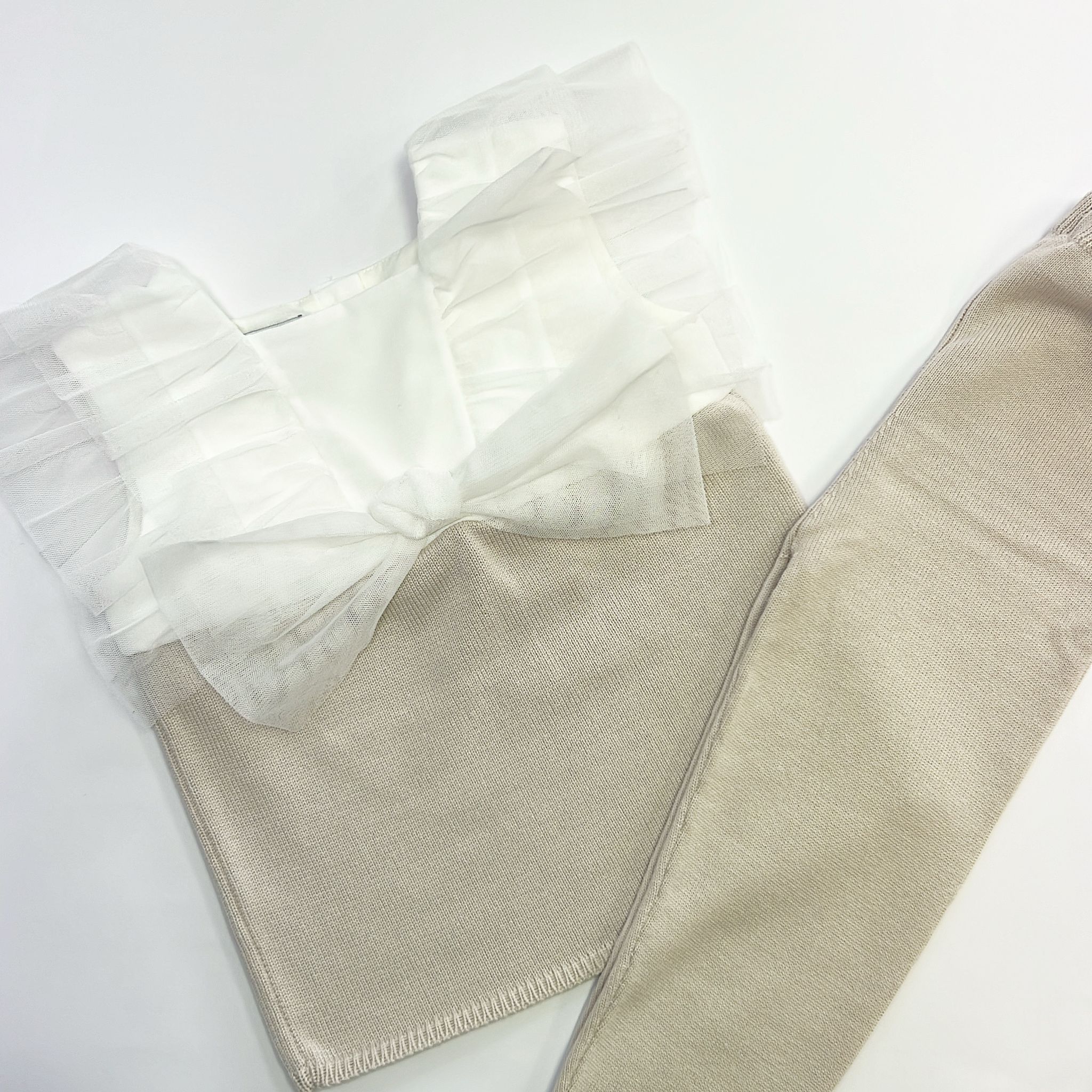 SS25 Granlei Beige & White Tulle Bow Frill Knitted Leggings Set