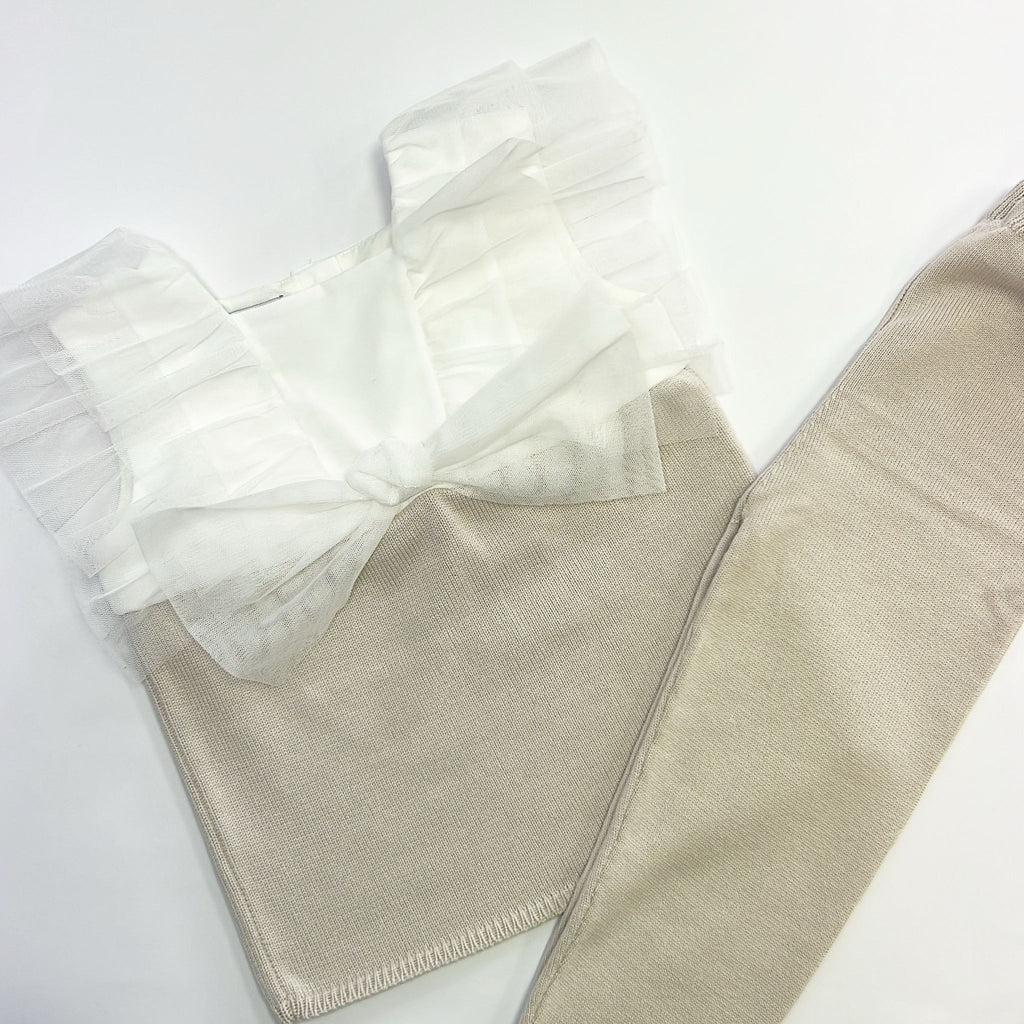 SS25 Granlei Beige & White Tulle Bow Frill Knitted Leggings Set