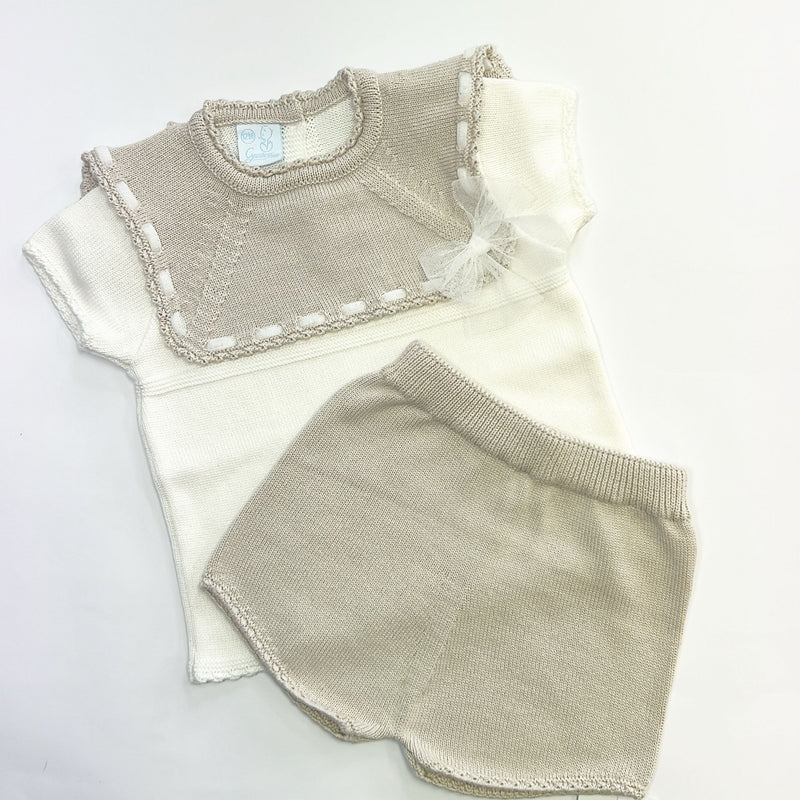 SS25 Granlei Beige & Ivory Tulle Bow Panel Knitted Shorts Set