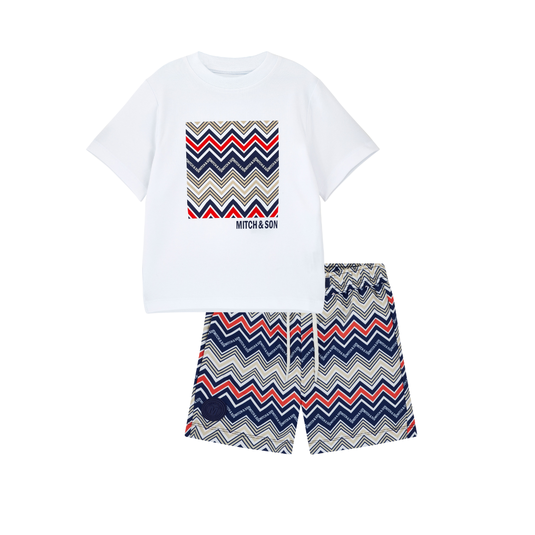 PREORDER SS26 Mitch & Son PEDRO & PABLO White Multicoloured Chevron Logo Swim Shorts Set