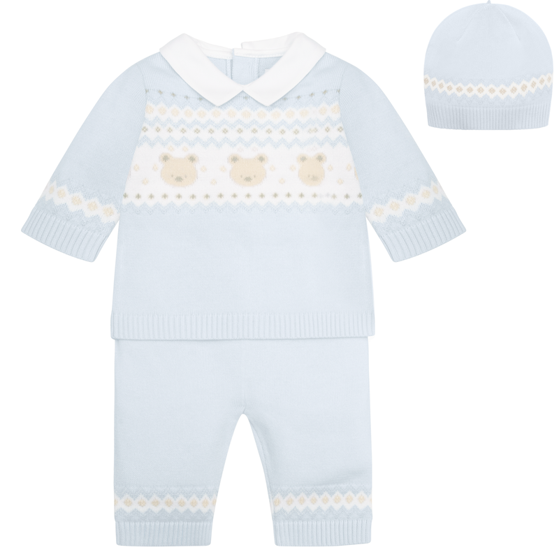 AW25 Emile Et Rose KIPLING Blue & White Knitted Teddy Bear Trousers Set With Hat