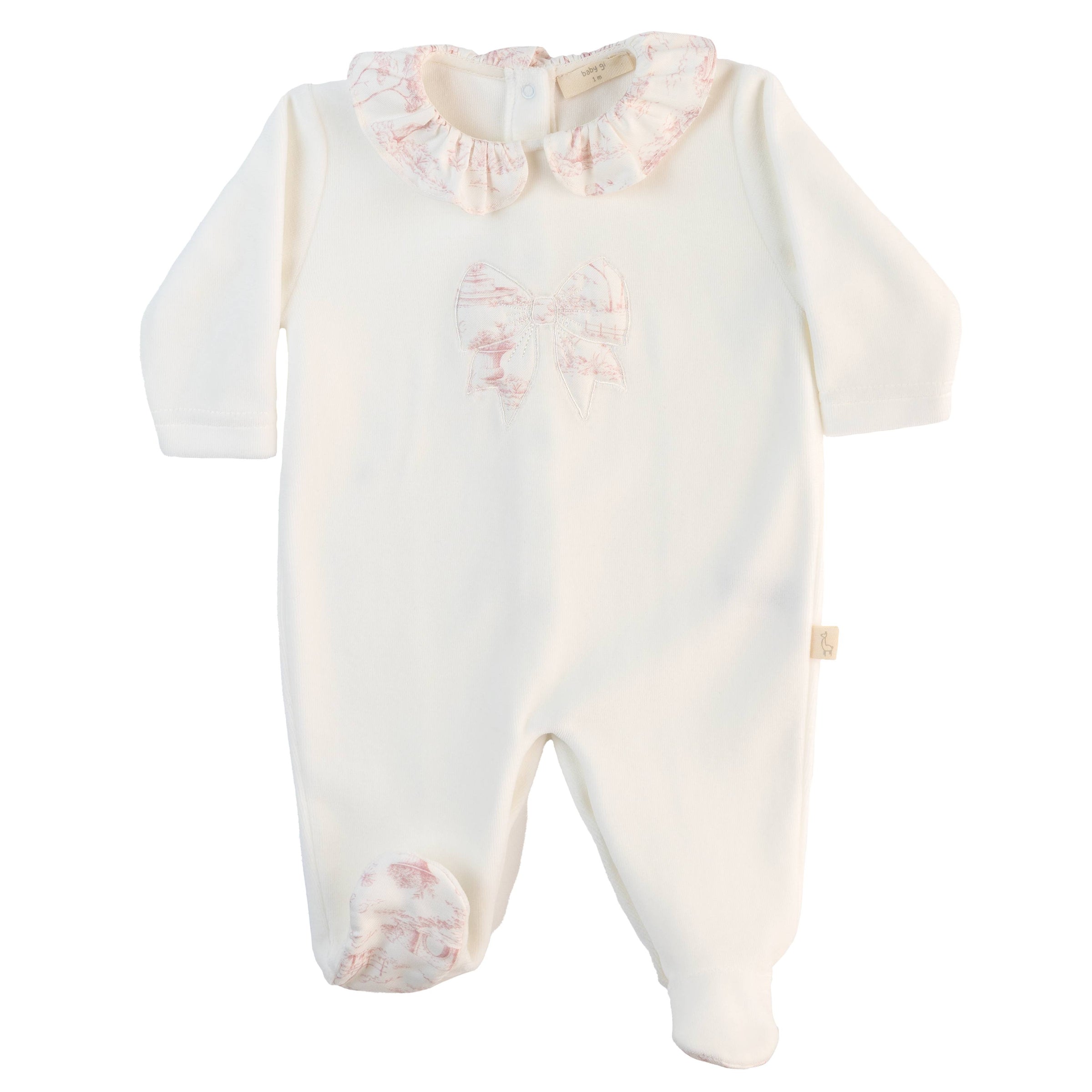 Baby Gi Ivory & Pink Velour Vintage Bow Babygrow