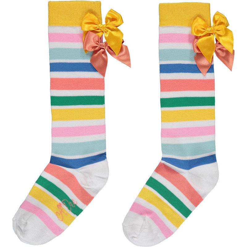 SS23 ADee UNOVA Bright White Multicoloured Stripe Bow Knee High Socks