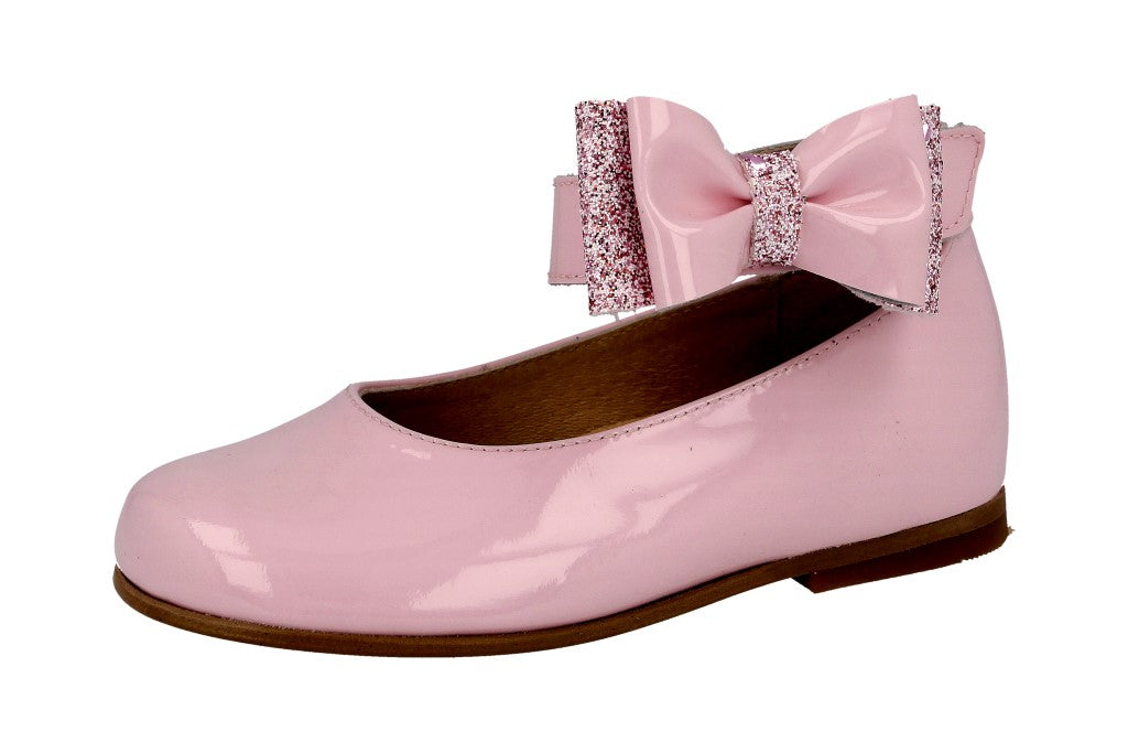 AW22 Andanines Pink Patent Glitter Ankle Strap Bow Shoes