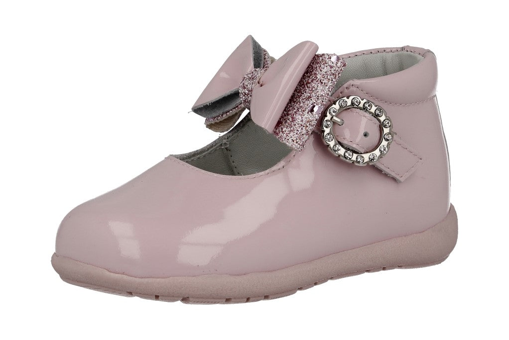 AW22 Andanines Pink Patent Glitter Bow Diamante Buckle Shoes