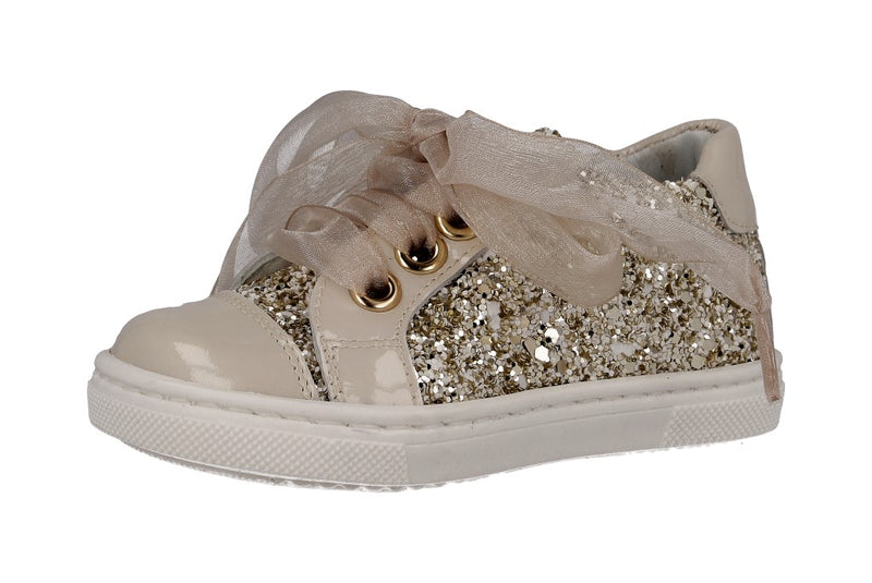 AW22 Andanines Ivory and Gold Glitter Ribbon Trainers