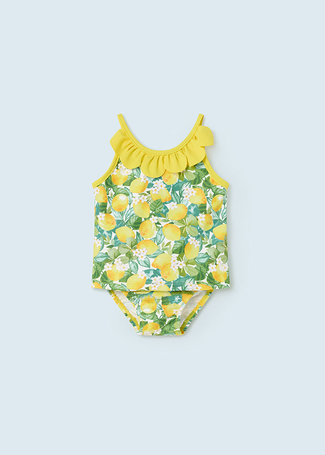 SS23 Mayoral Yellow Multicoloured Lemon Patterned Frill Swimsuit Set