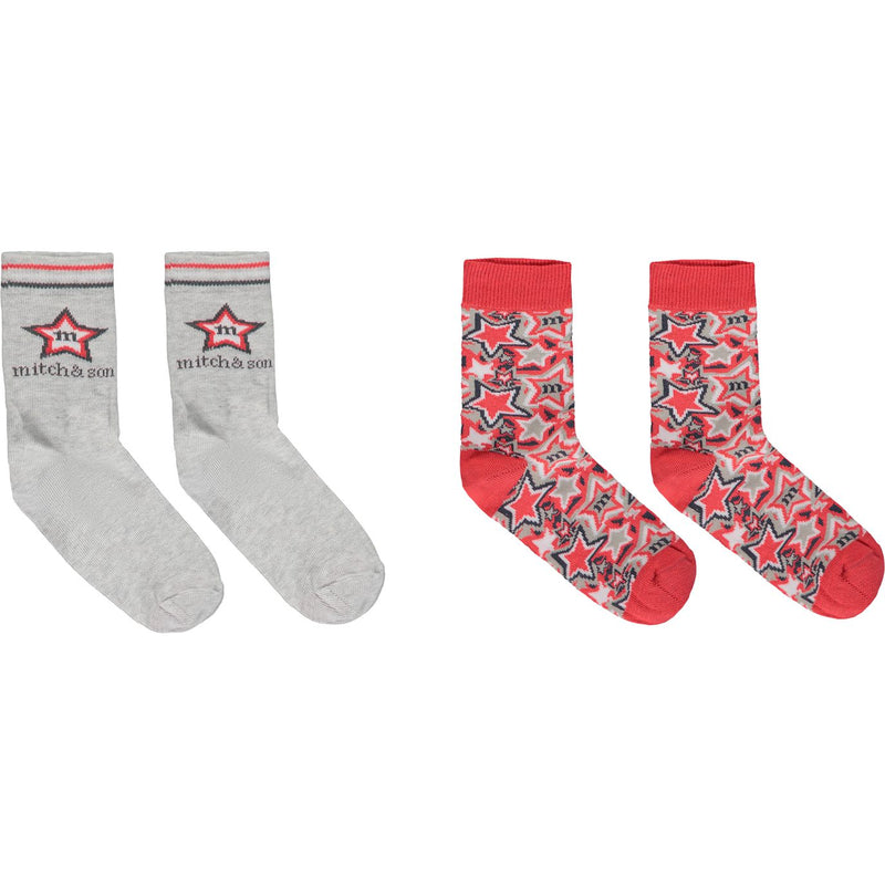 SS23 Mitch & Son LUTHER Grey Red & White Striped Logo Star Patterned Two Pack of Socks