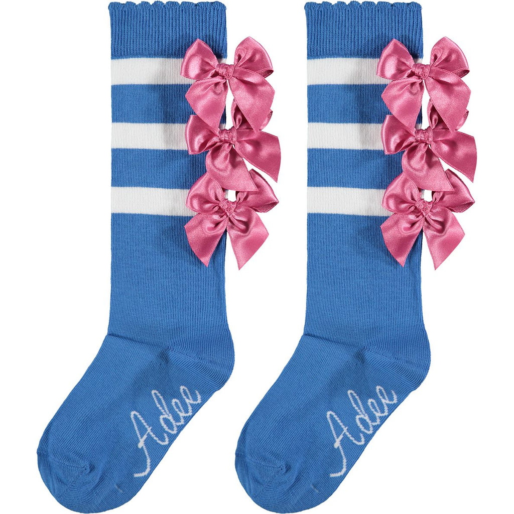 SS23 ADee WINSLOW Bright Blue White & Pink Bow Striped Knee High Socks