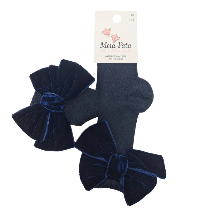 Meia Pata Navy Blue Double Velvet Bow Long / Knee Socks