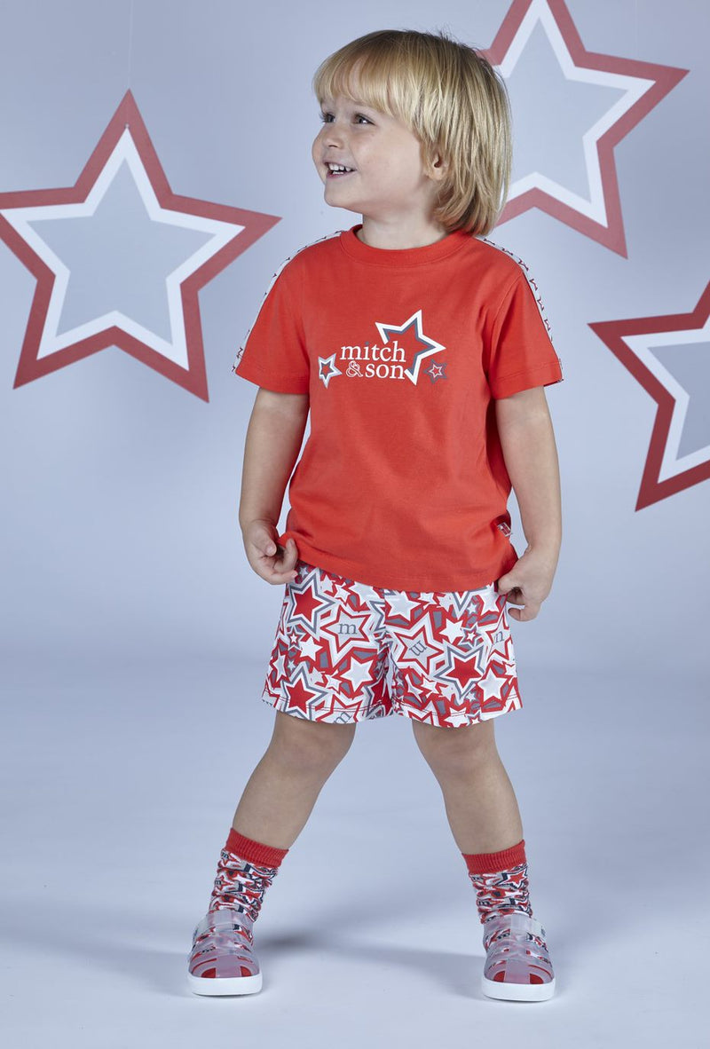 SS23 Mitch & Son LOGAN & LYLE Red Grey & White Star Tape T-Shirt & Patterned Swim Shorts Set