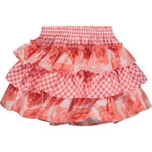 SS23 ADee YVONNE Bright Coral & White Rose Checked Triple Frill Skirt Set