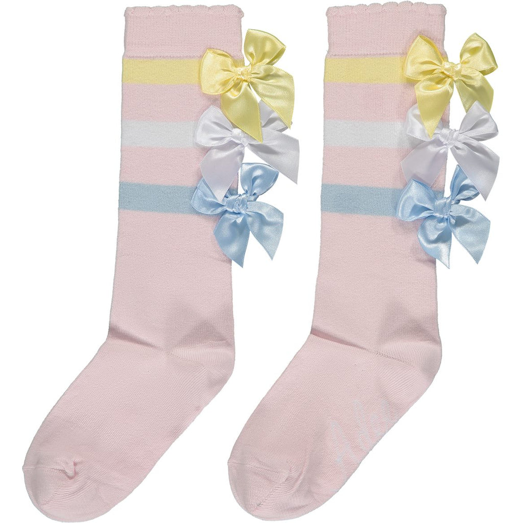 SS23 ADee VIOLA Pale Pink White Blue & Yellow Bows & Stripes Knee High Socks