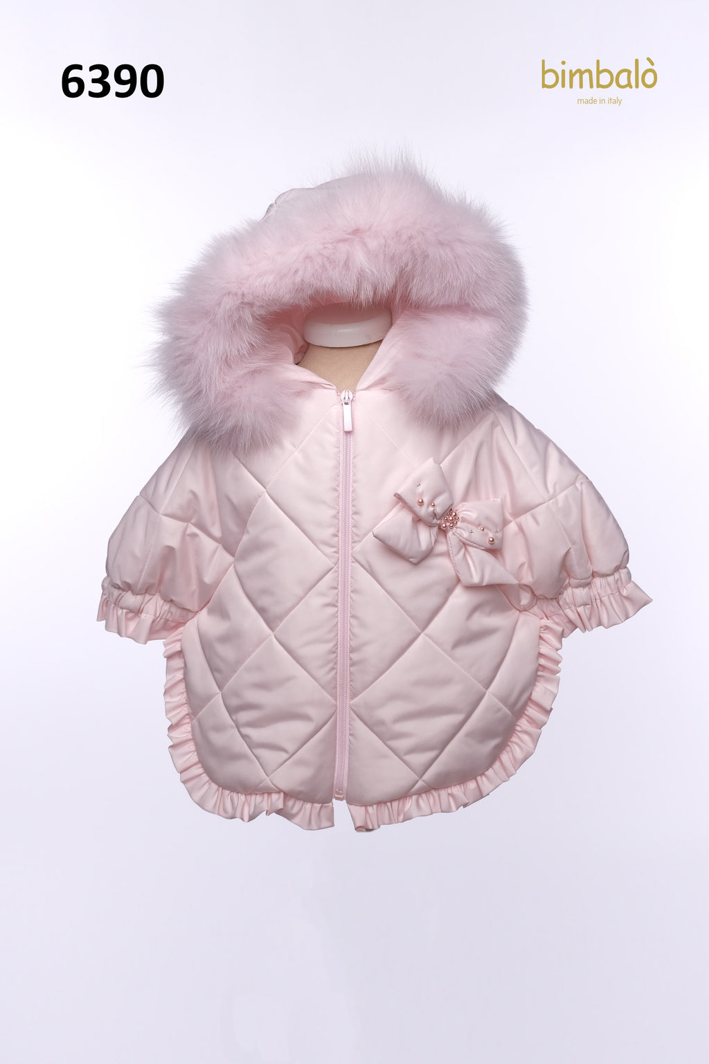 AW22 Bimbalò Pale Pink Quilted Bow Poncho Cape Coat With Fur Hood