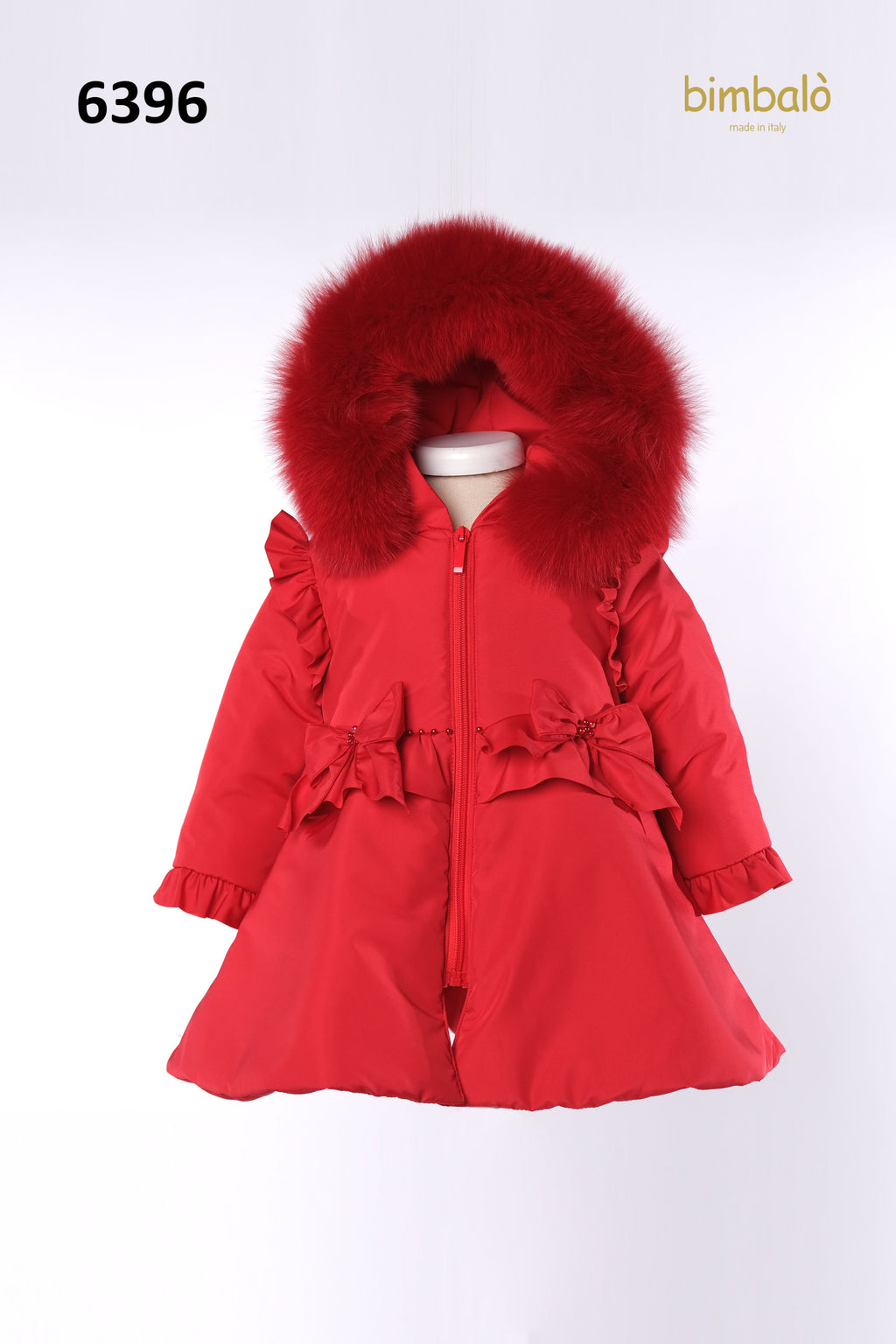 AW22 Bimbalò Red Frill Bows Coat With Fur Hood