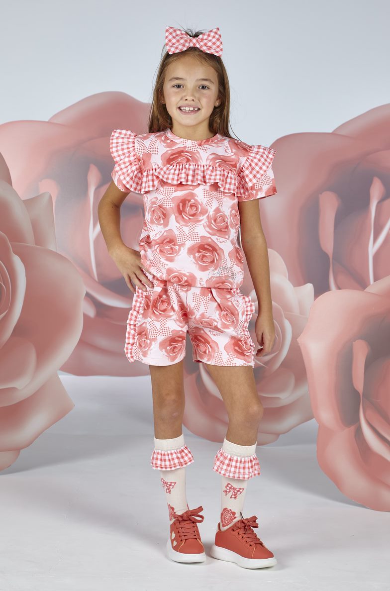 SS23 ADee YANA Bright Coral & White Rose Print Checked Frill Shorts Set