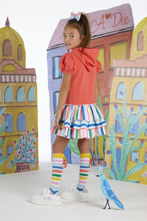SS23 ADee URSA Bright Coral Multicoloured Stripe Logo Frill Hooded Dress