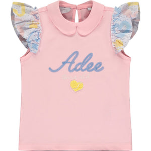 SS23 ADee VANESSA Pale Pink Blue White & Yellow Logo Hearts Frill Skirt Set