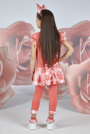 SS23 ADee YING Bright Coral & White Rose Print Checked Bow Leggings Set