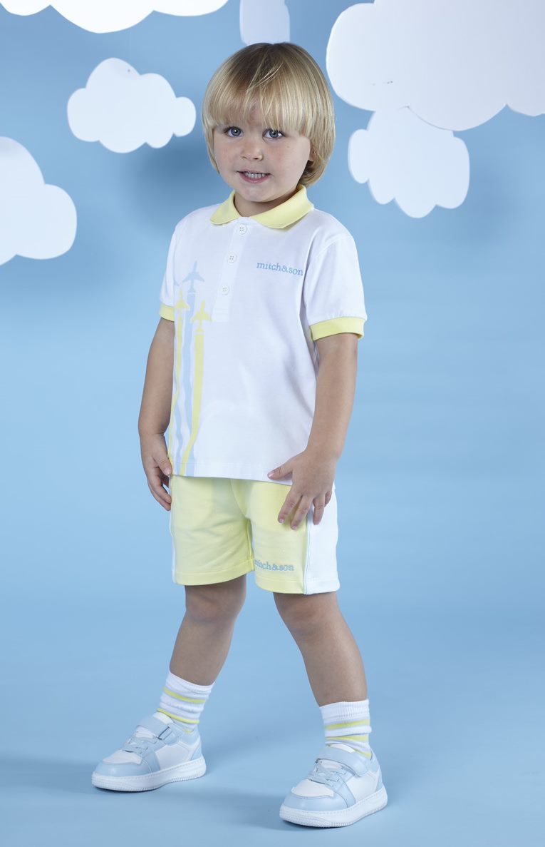 SS23 Mitch & Son JIMMY Bright White Blue & Yellow Plane Polo & Shorts Set