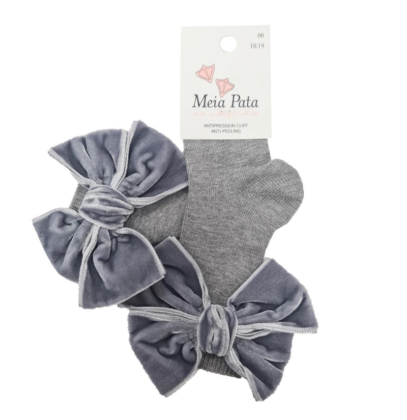 Meia Pata Grey Double Velvet Bow Long / Knee Socks