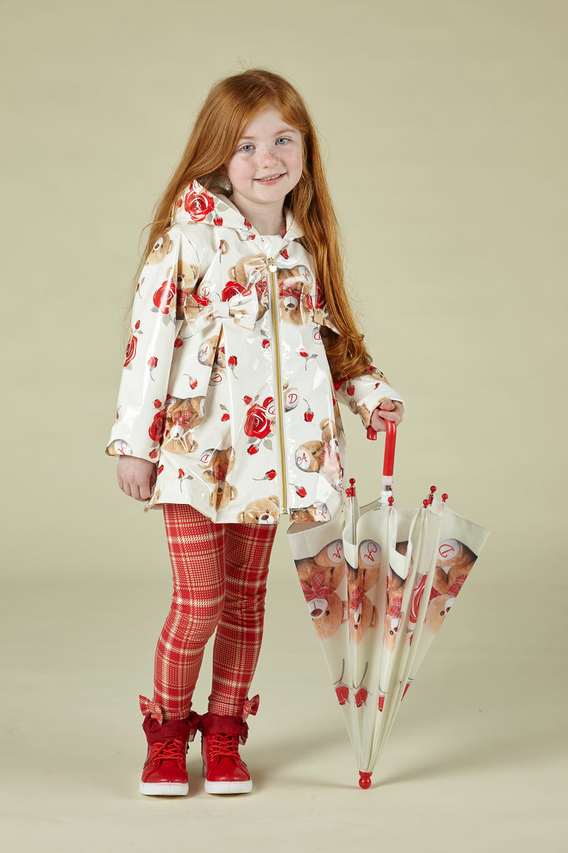 AW22 ADee MABEL Cream & Red Teddy Print Bow Hooded Jacket / Raincoat