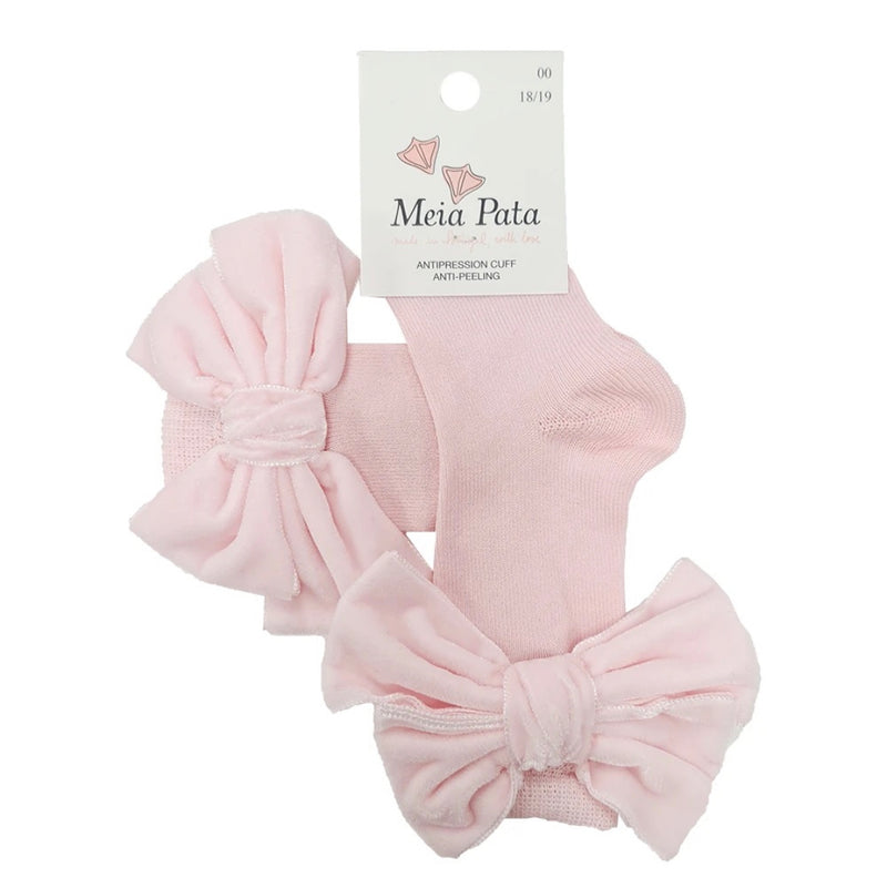 Meia Pata Pale Pink Double Velvet Bow Long / Knee Socks