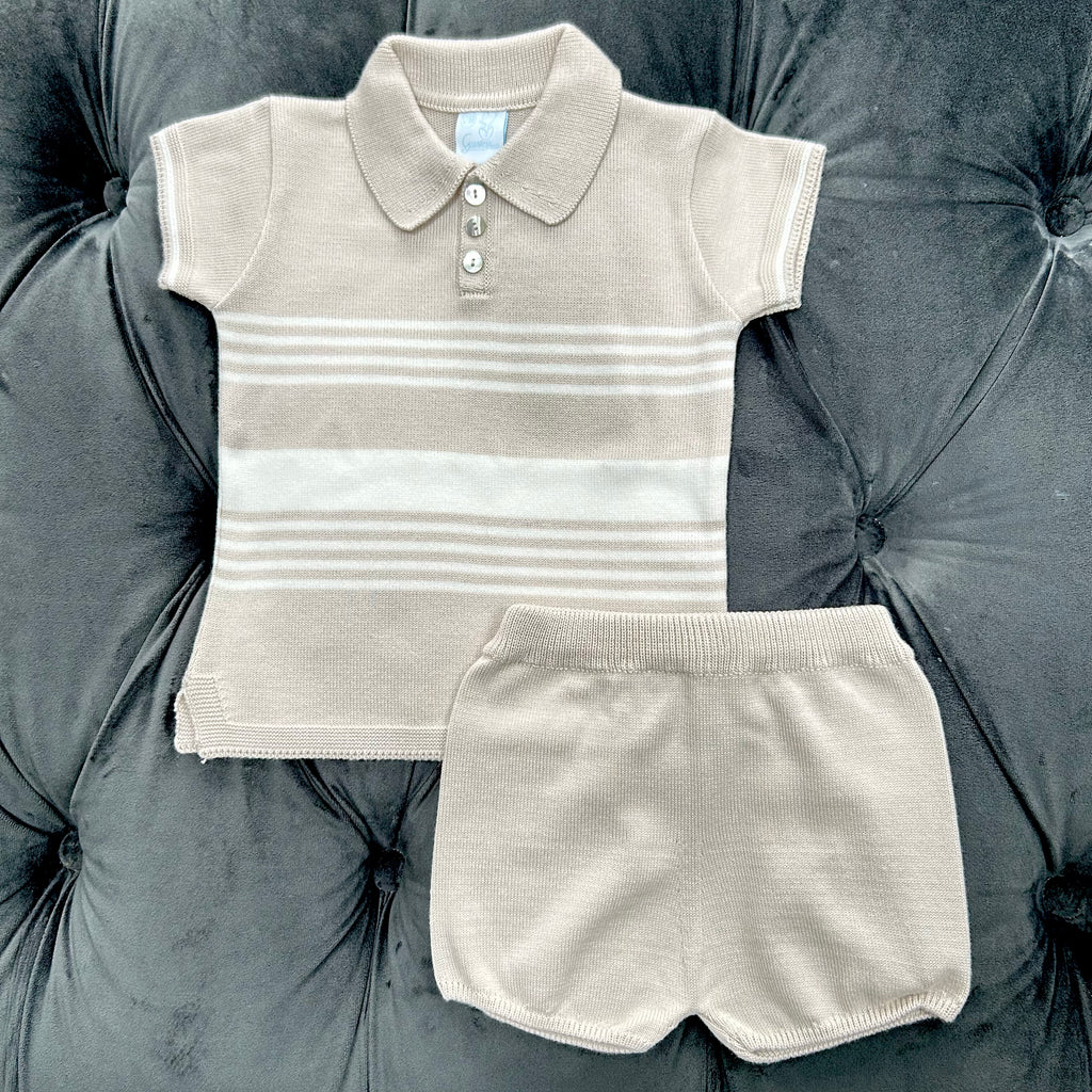 SS23 Artesania Granlei Beige Button Striped Knitted Shorts Set