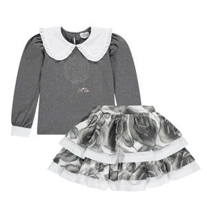 AW22 ADee TALLULAH & TESSY Dark & Light Grey Rose Print Top & Skirt Set