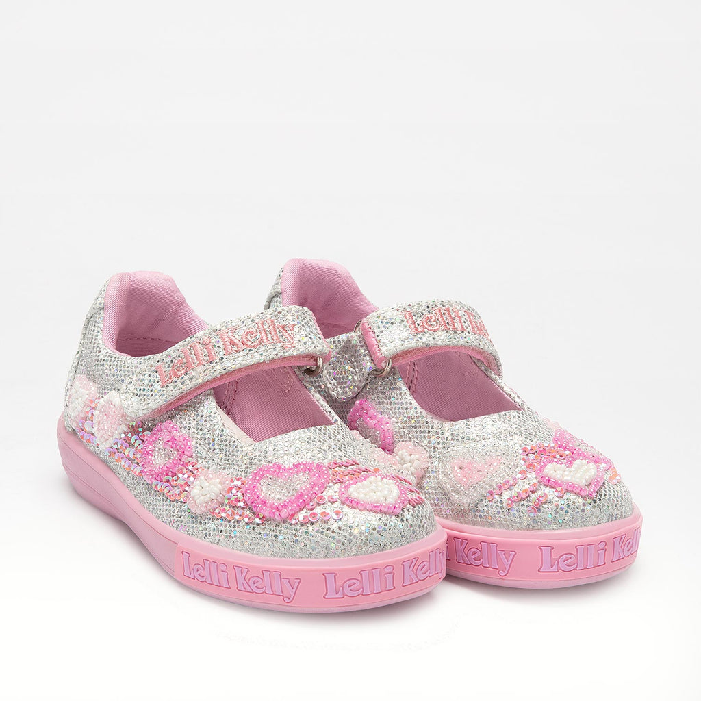 SS23 Lelli Kelly AURORA Silver & Pink Hearts Glitter Strap Shoes