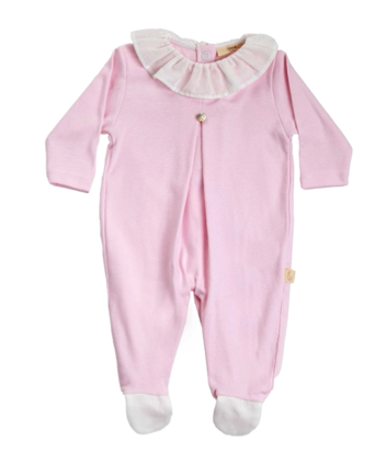 SS24 Baby Gi Pale Pink & White Cotton Frilly Collar Babygrow