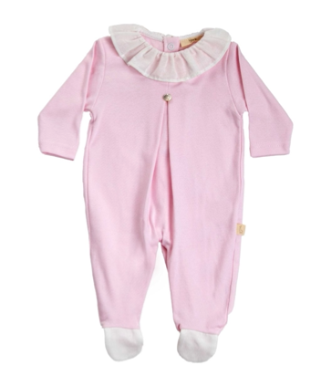 SS24 Baby Gi Pale Pink White Cotton Frilly Collar Babygrow Theodore Couture