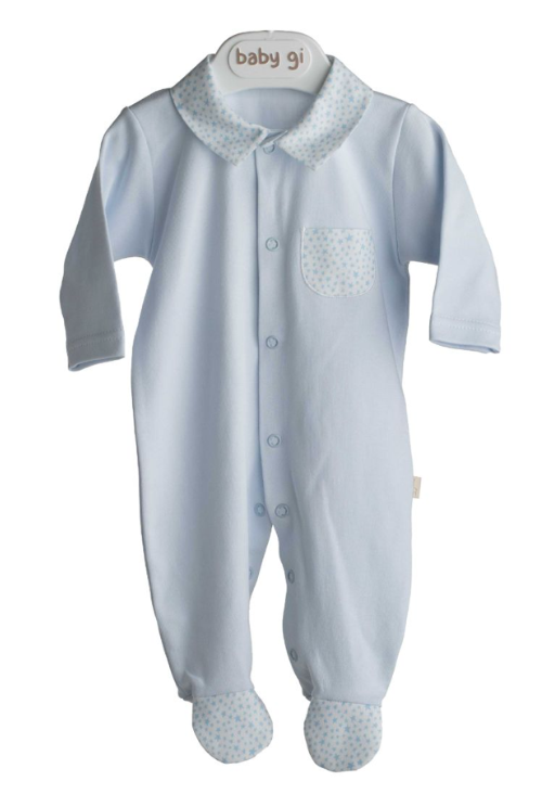 SS24 Baby Gi Pale Blue Cotton Stars Pocket Babygrow