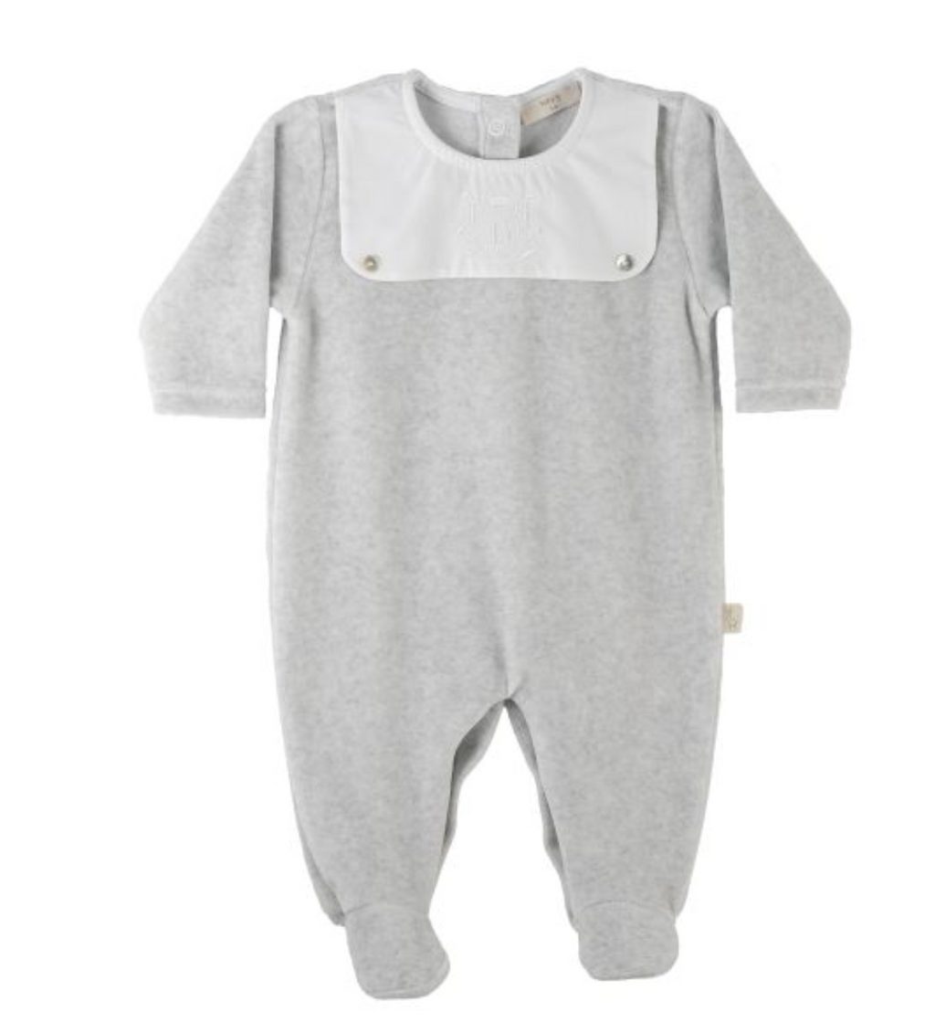 SS24 Baby Gi Grey & White Velour Buttons Babygrow