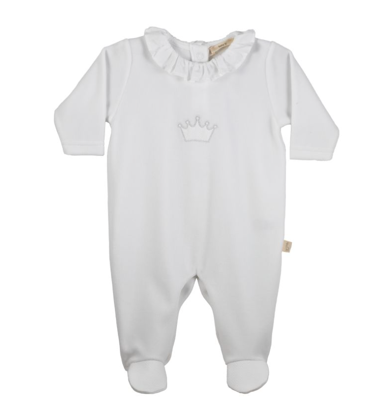 SS24 Baby Gi White Velour Crown Frill Babygrow