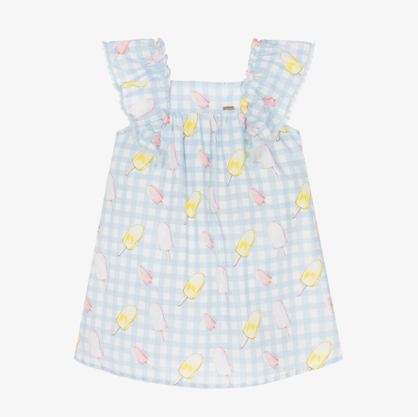 SS23 Patachou Blue & Pink Ice Lolly Checked Frill Dress – Theodore Couture